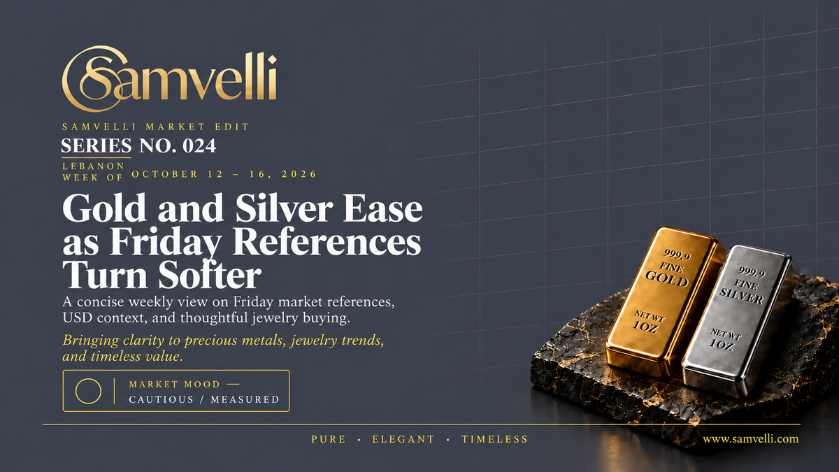 SAMVELLI Market Edit Series 024, Lebanon / International, October 12–16, 2026: gold and silver ease as Friday references turn softer.