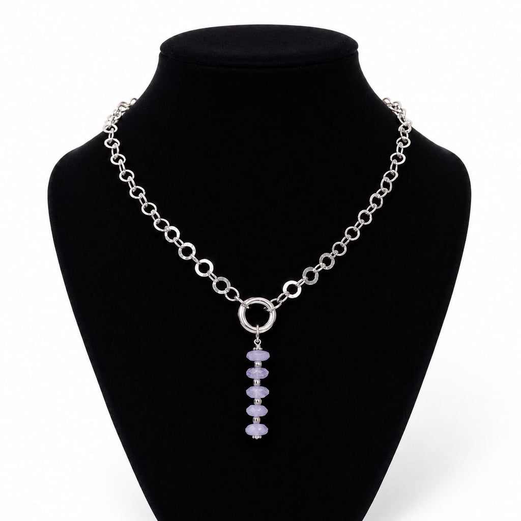 925 Sterling Silver Link Necklace with Amethyst Beaded Drop Pendant