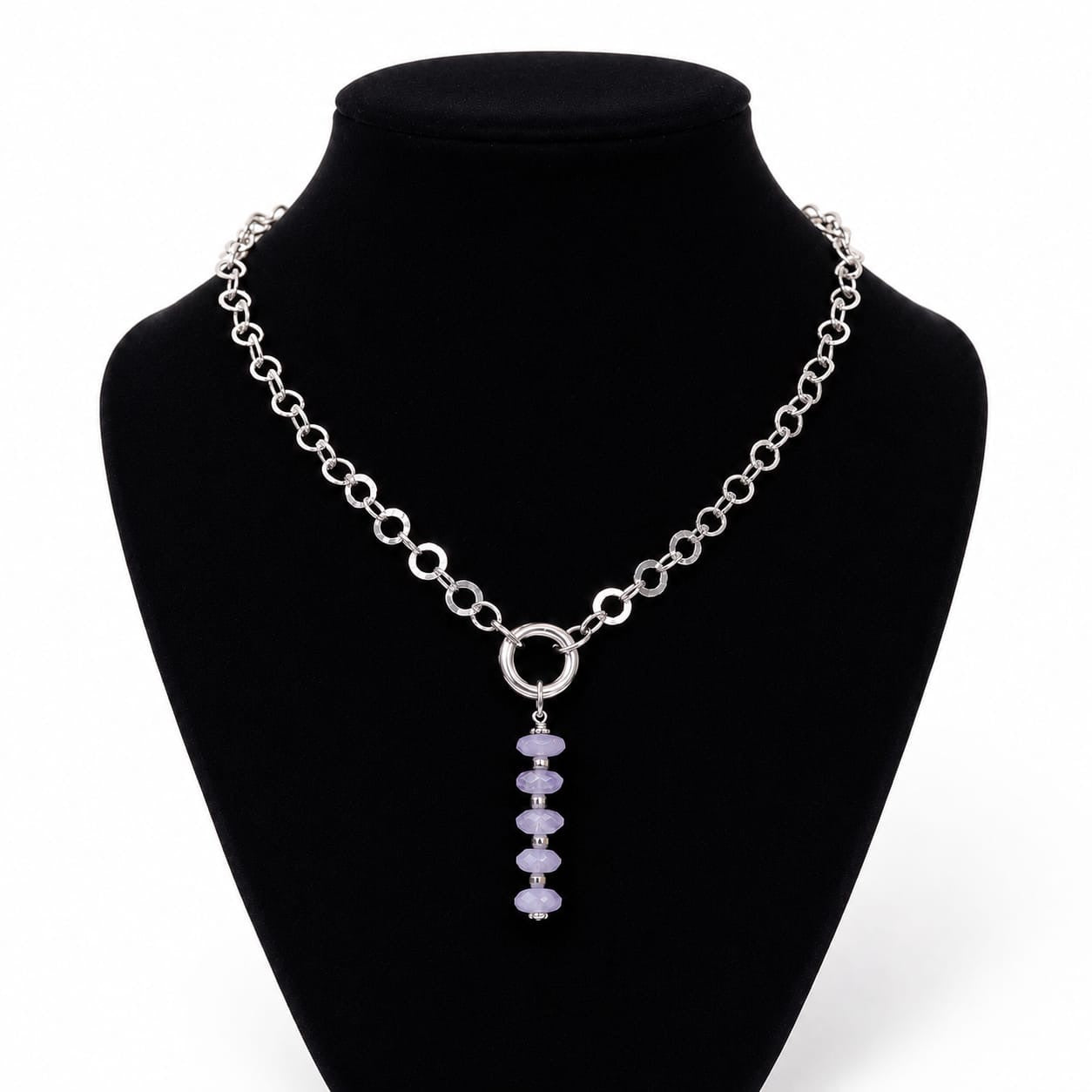 925 Sterling Silver Link Necklace with Amethyst Beaded Drop Pendant