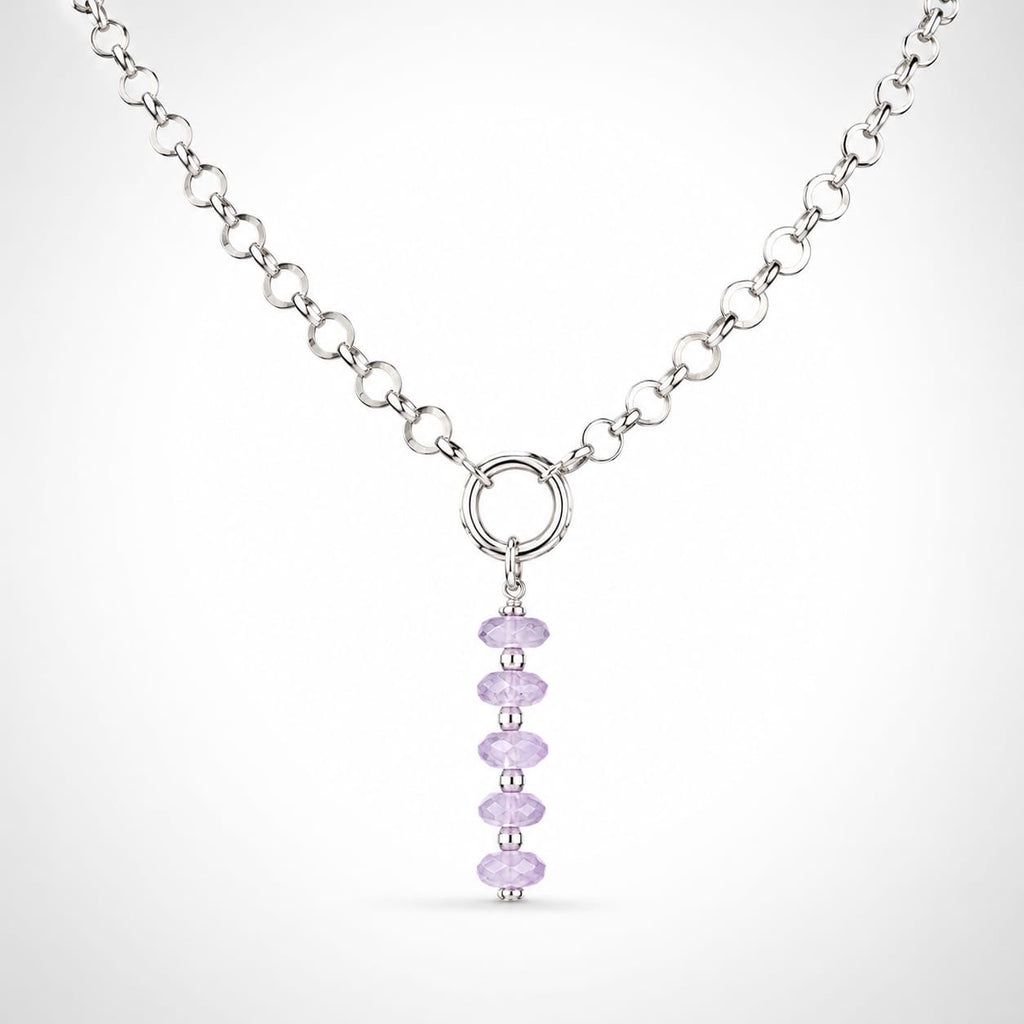 925 Sterling Silver Link Necklace with Amethyst Beaded Drop Pendant