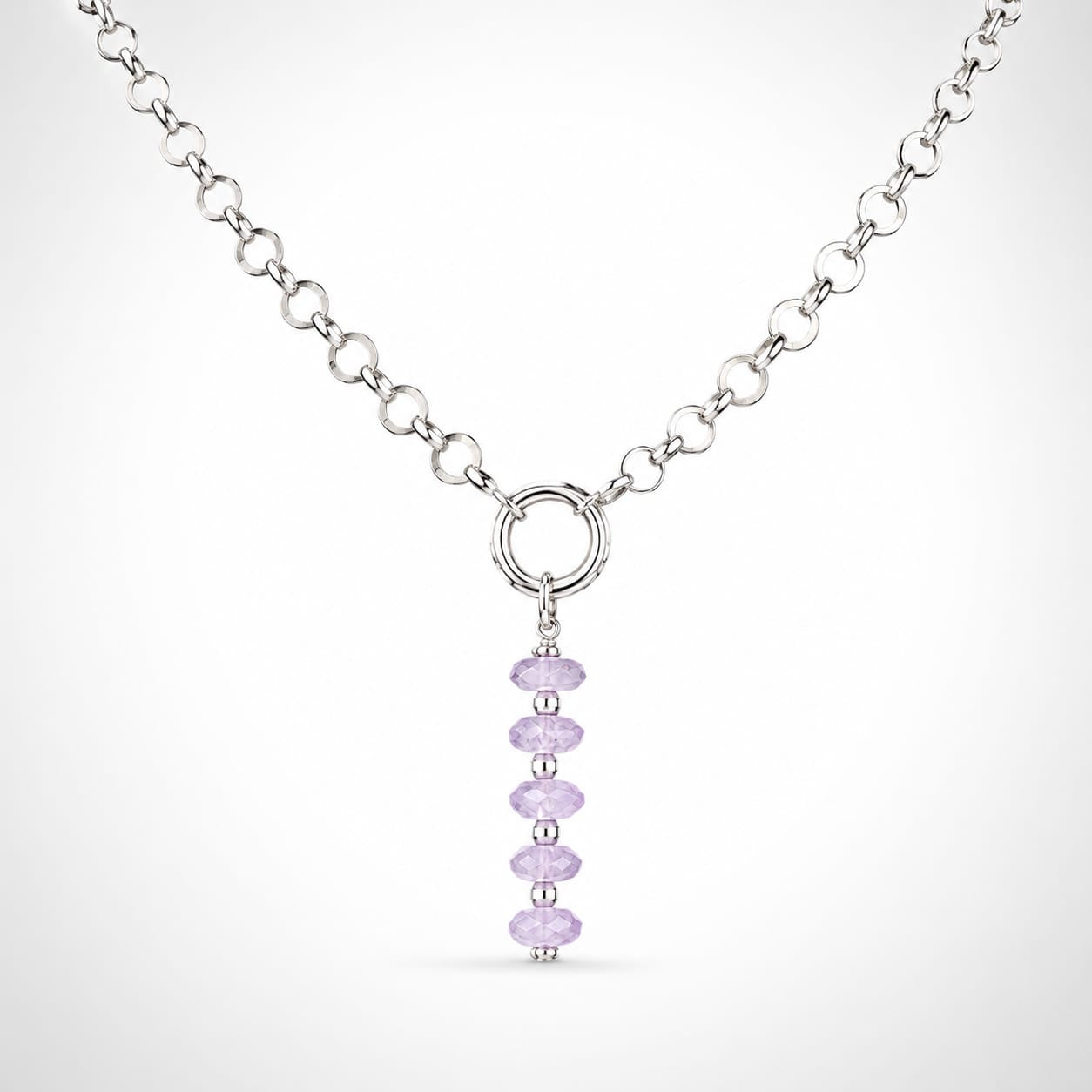 925 Sterling Silver Link Necklace with Amethyst Beaded Drop Pendant