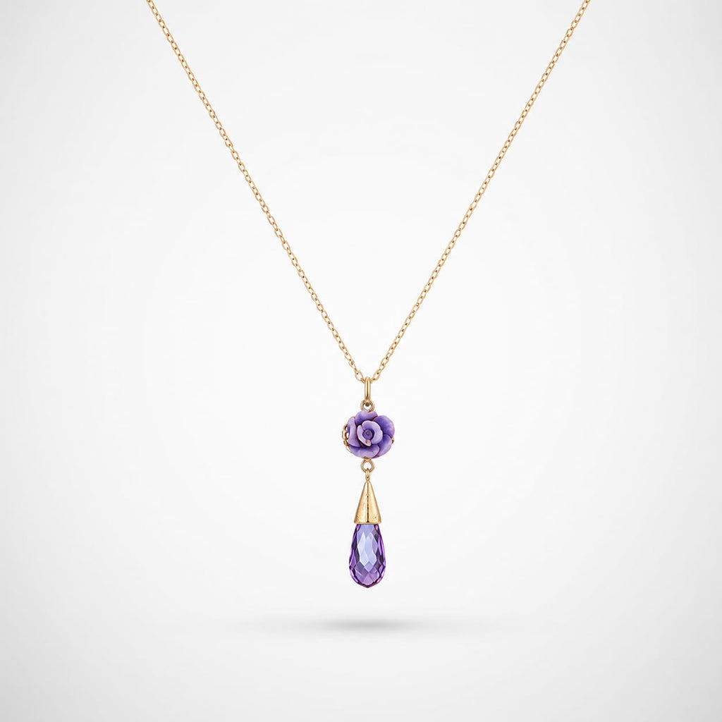 925 Sterling Silver Gold Plated Amethyst Drop and Purple Rose Charm Necklace