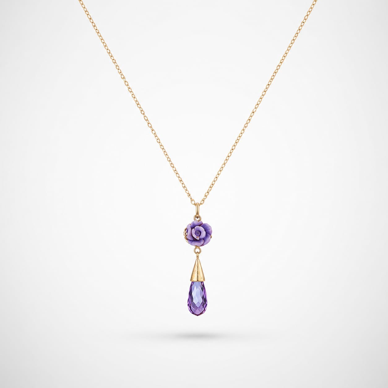 925 Sterling Silver Gold Plated Amethyst Drop and Purple Rose Charm Necklace