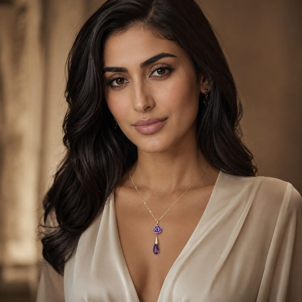 925 Sterling Silver Gold Plated Amethyst Drop and Purple Rose Charm Necklace