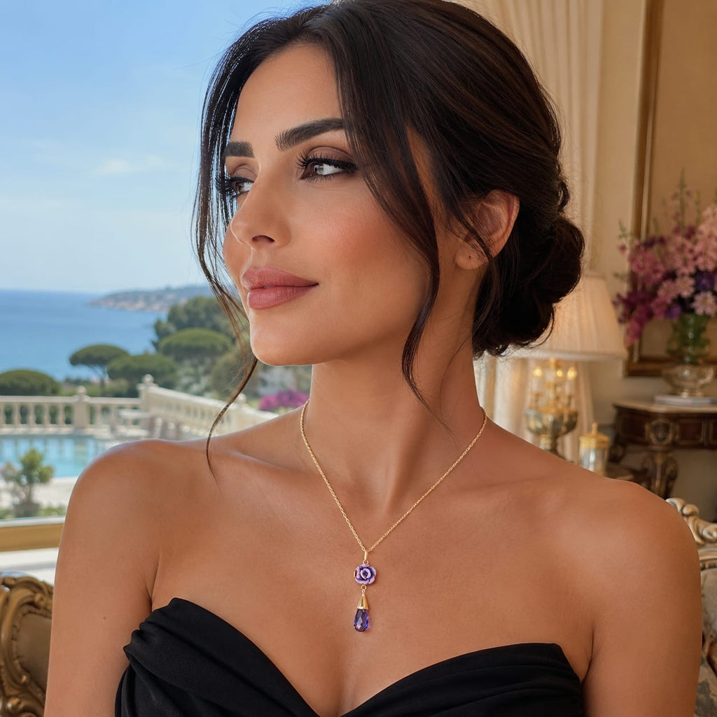 925 Sterling Silver Gold Plated Amethyst Drop and Purple Rose Charm Necklace