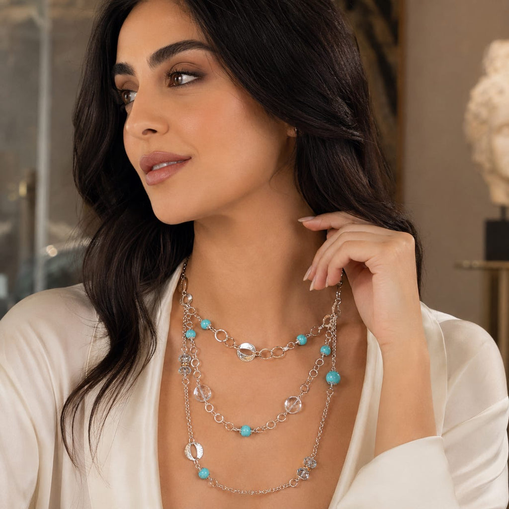 925 sterling Silver Layered Turquoise and Clear Bead Necklace