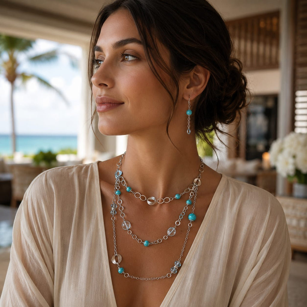 925 sterling Silver Layered Turquoise and Clear Bead Necklace