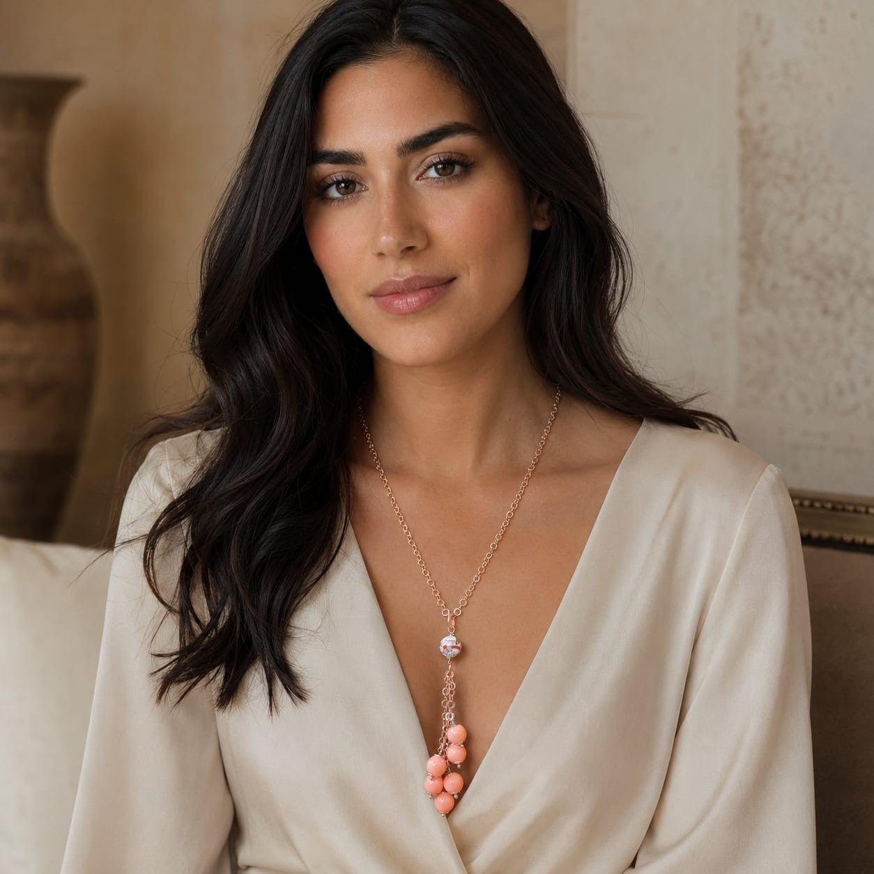 925 Sterling Silver Coral  Beaded Tassel Necklace