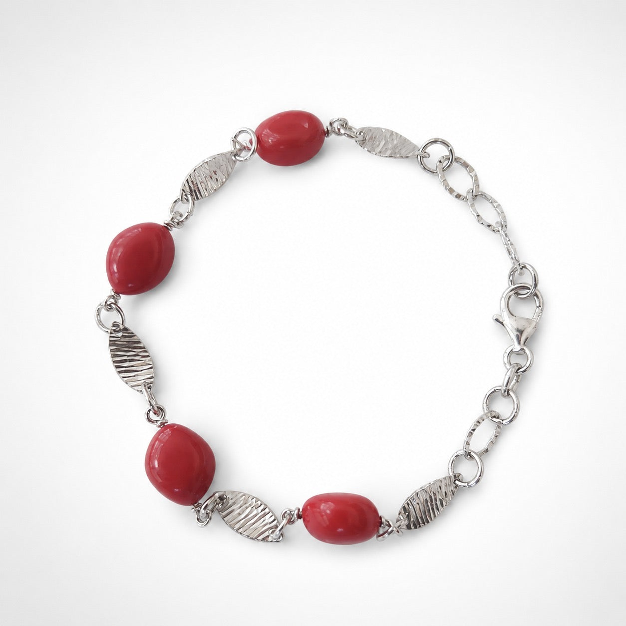 925 Sterling Silver and Red Ruby Color Stones Chain Bracelet
