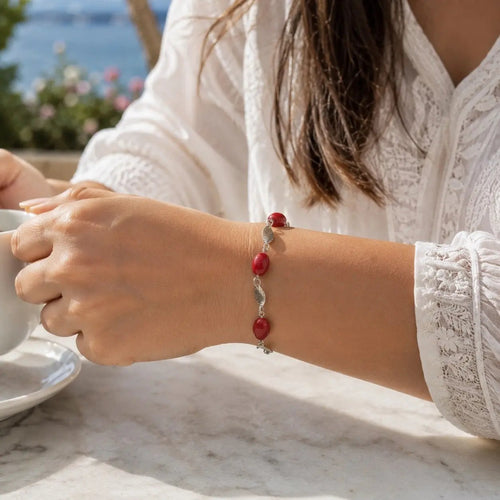 925 Sterling Silver and Red Ruby Color Stones Chain Bracelet