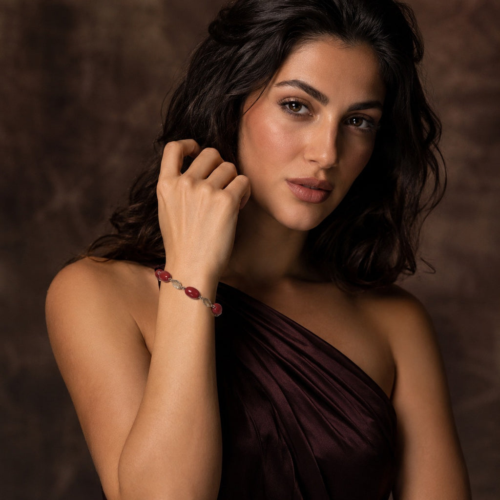 925 Sterling Silver and Red Ruby Color Stones Chain Bracelet