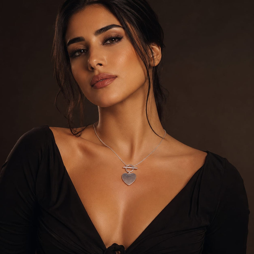 925 Sterling Silver Heart Charm Necklace with T-Bar Detail