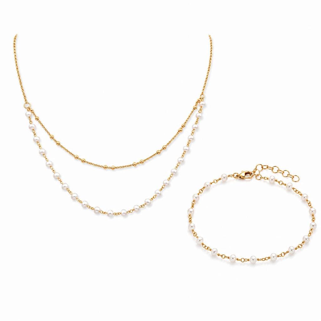 925 sterling Silver Layered Pearl Station Necklace and Bracelet Set