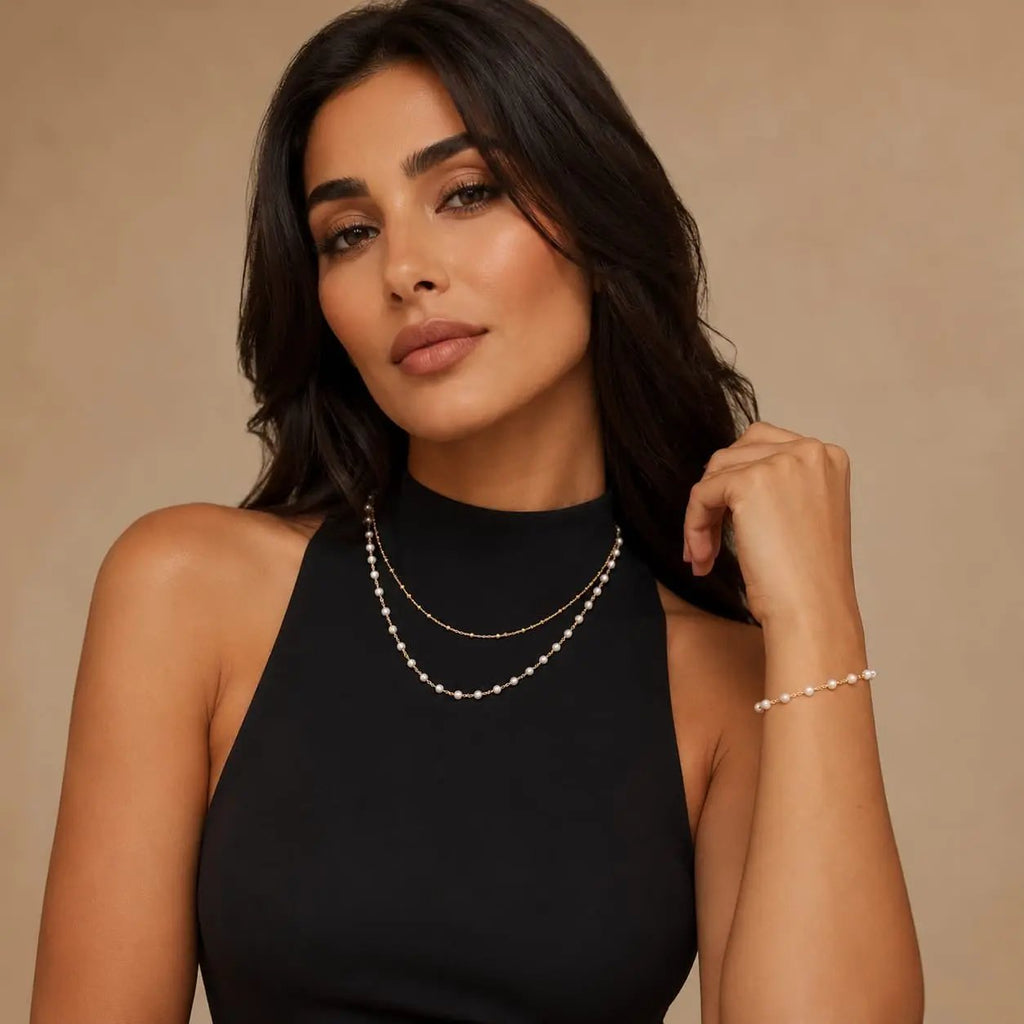 925 sterling Silver Layered Pearl Station Necklace and Bracelet Set