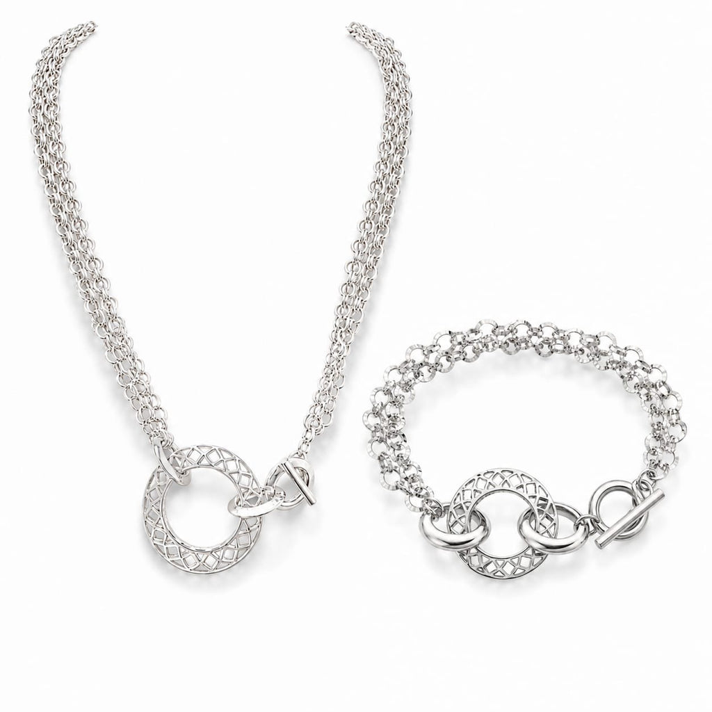 925 Sterling Silver Multi-Strand Chain Necklace  and bracelet set with Lattice Toggle Clasp