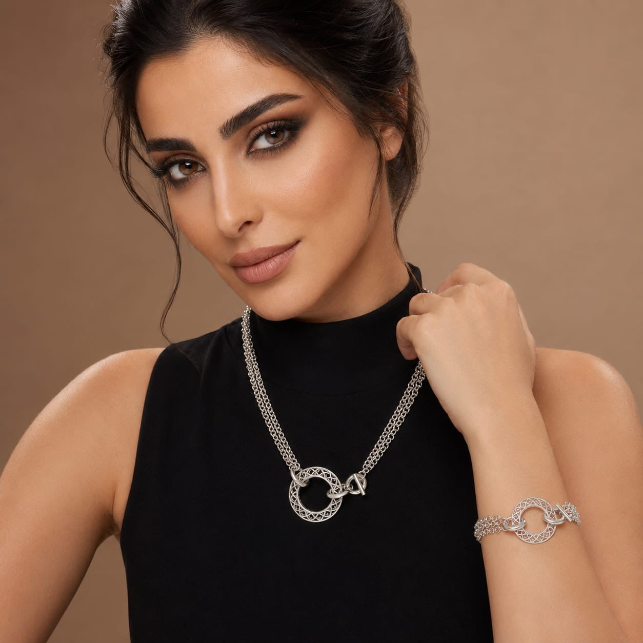 925 Sterling Silver Multi-Strand Chain Necklace  and bracelet set with Lattice Toggle Clasp