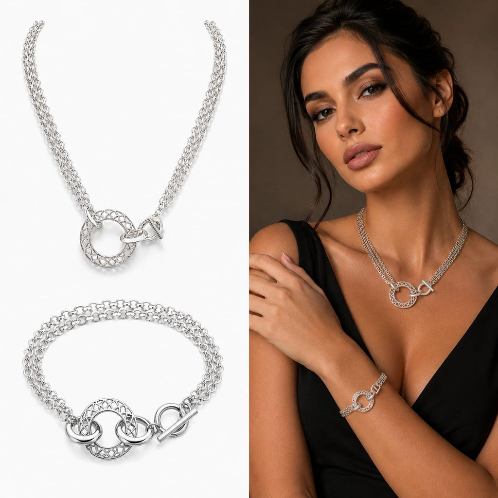 925 Sterling Silver Multi-Strand Chain Necklace  and bracelet set with Lattice Toggle Clasp