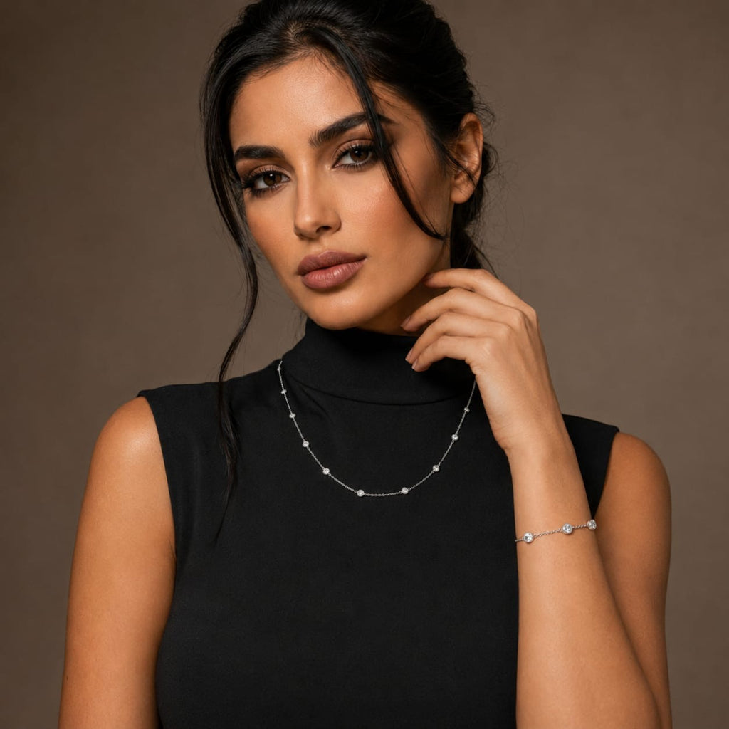 925 sterling Silver Bezel-Set Station Necklace and Bracelet