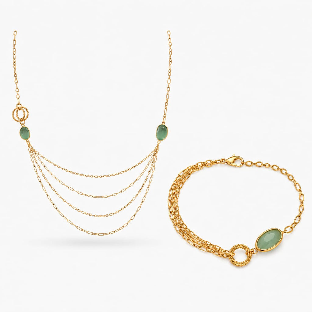 925 Sterling Silver Gold Plated Layered Jade Necklace and Bracelet Set