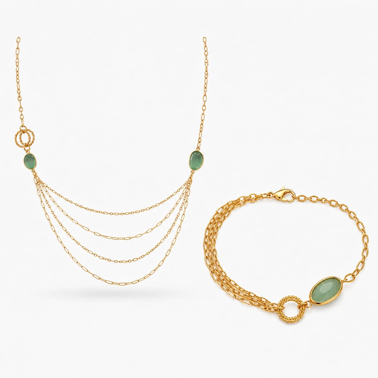 925 Sterling Silver Gold Plated Layered Jade Necklace and Bracelet Set