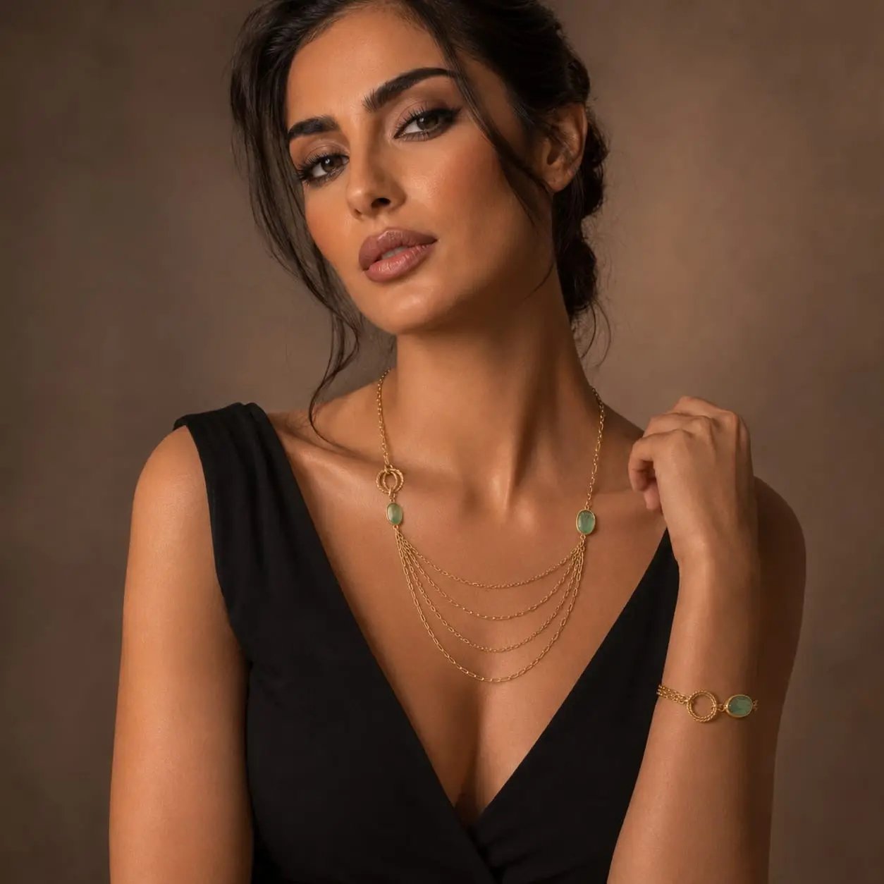 925 Sterling Silver Gold Plated Layered Jade Necklace and Bracelet Set