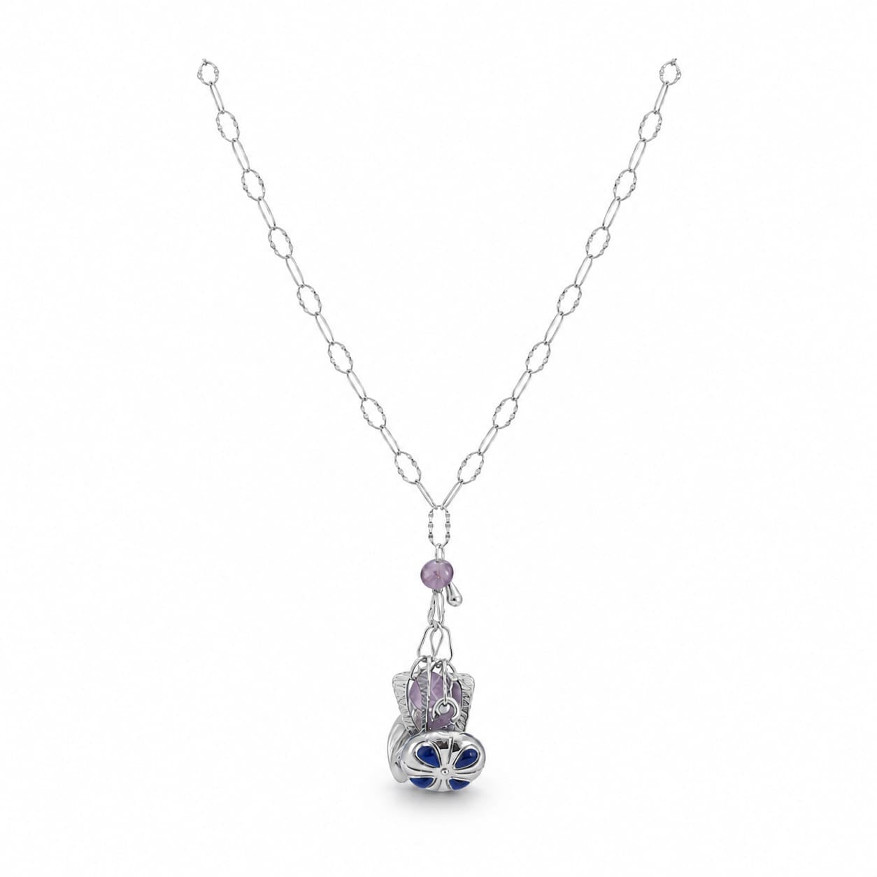 925 Sterling Silver Amethyst Multi-Charm Pendant Necklace