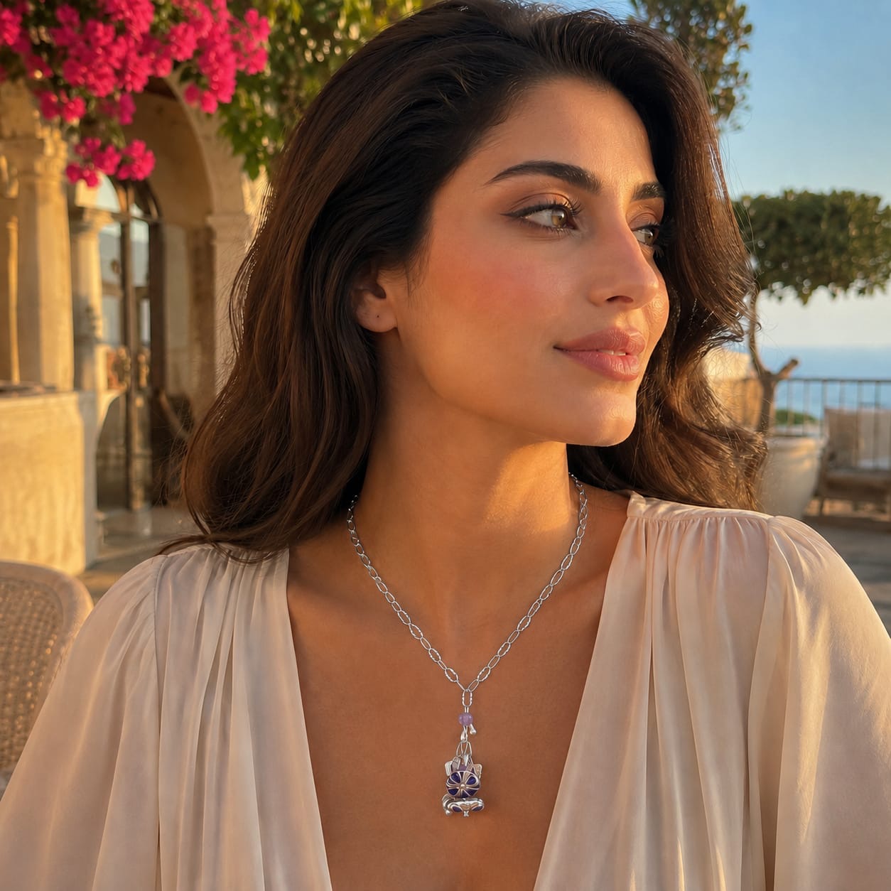 925 Sterling Silver Amethyst Multi-Charm Pendant Necklace