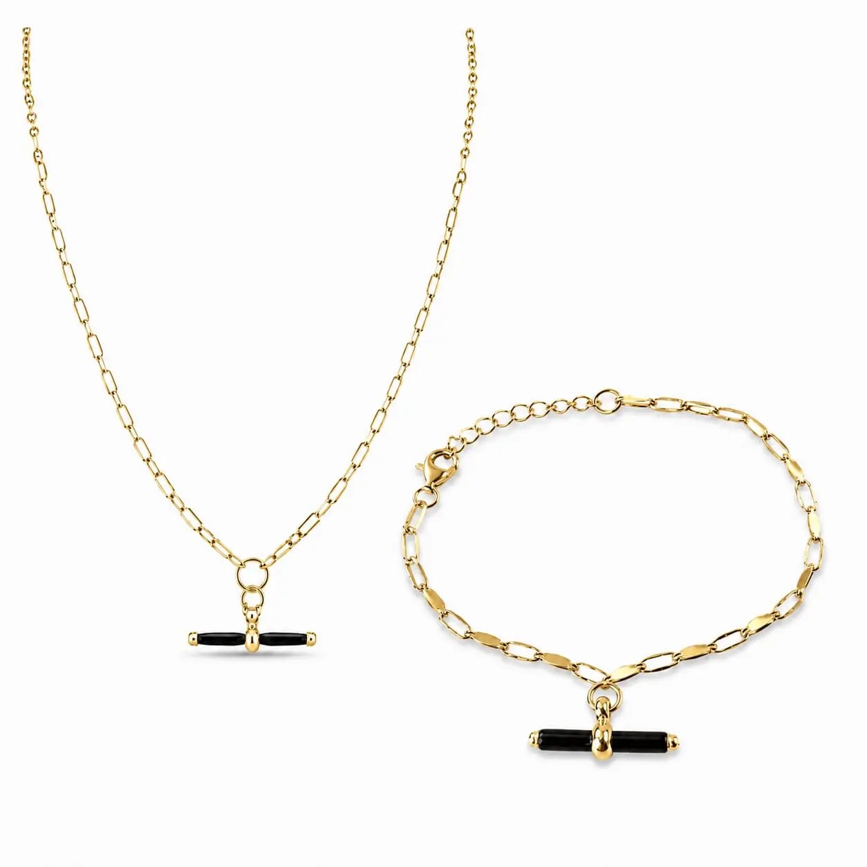 925 Sterling Silver Gold Plated Onyx T-Bar Chain Necklace and Bracelet Set