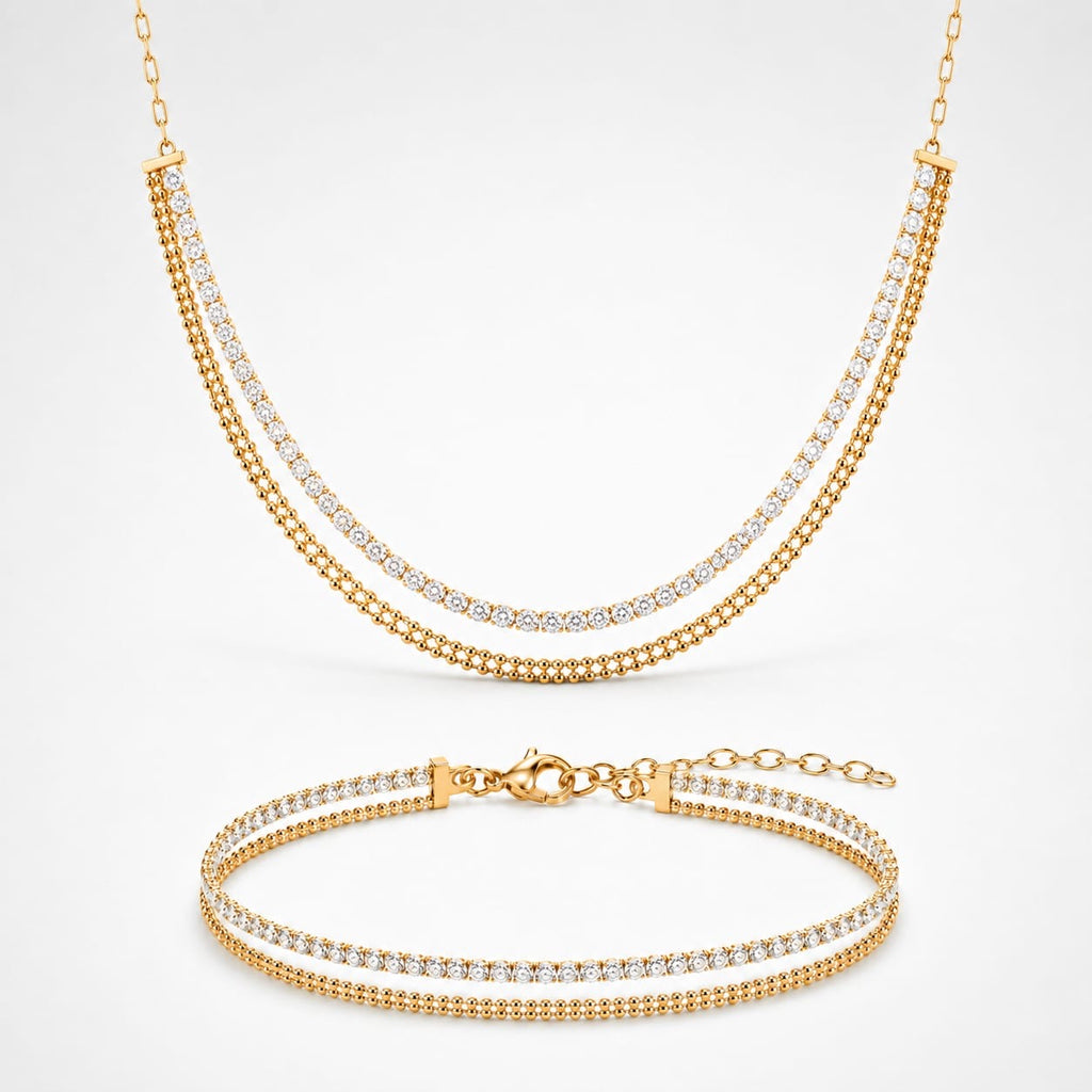 925 Sterling Silver Layered Zircon and Beaded Necklace and Bracelet Set