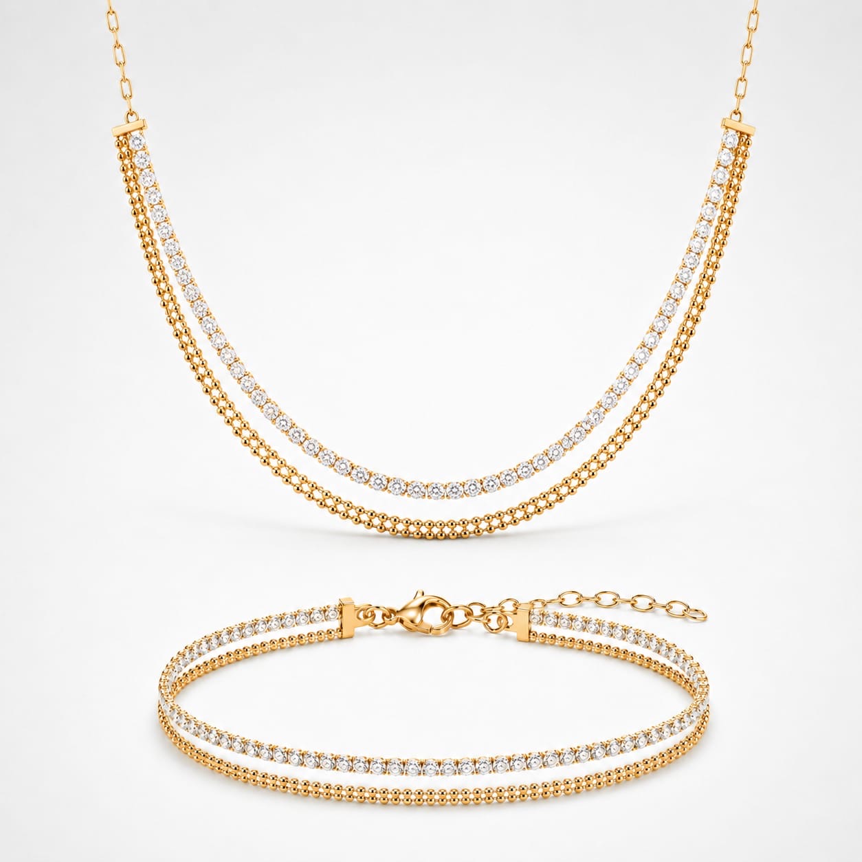 925 Sterling Silver Layered Zircon and Beaded Necklace and Bracelet Set
