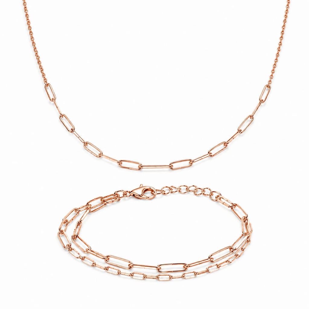 925 Sterling Silver Rose Gold Plated Paperclip Chain Necklace and Bracelet Set