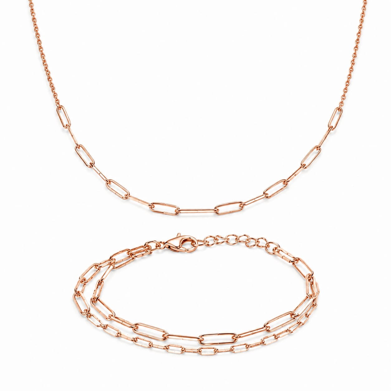 925 Sterling Silver Rose Gold Plated Paperclip Chain Necklace and Bracelet Set