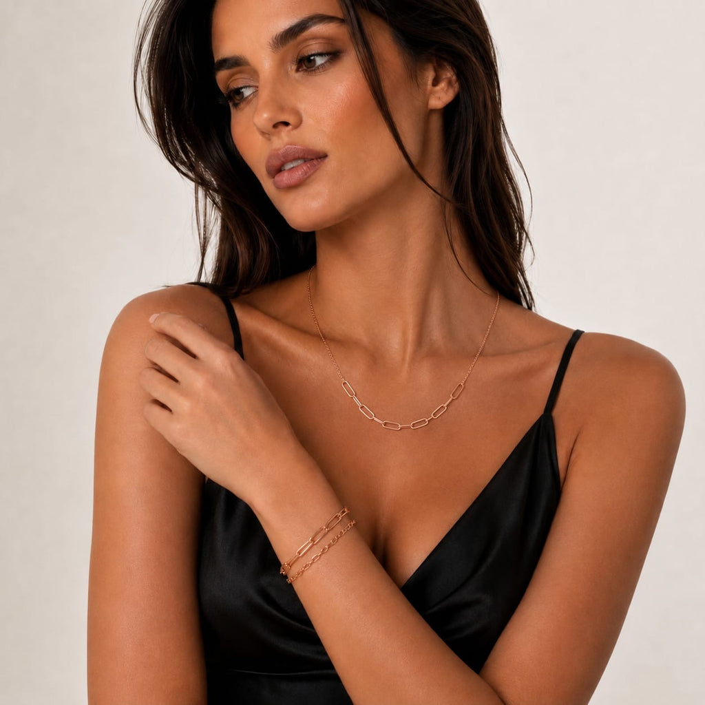 925 Sterling Silver Rose Gold Plated Paperclip Chain Necklace and Bracelet Set