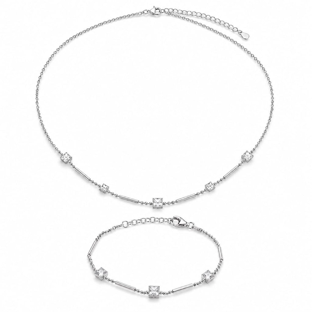 925 Sterling Silver Princess-Cut Zircon Station Chain Necklace and Bracelet Set