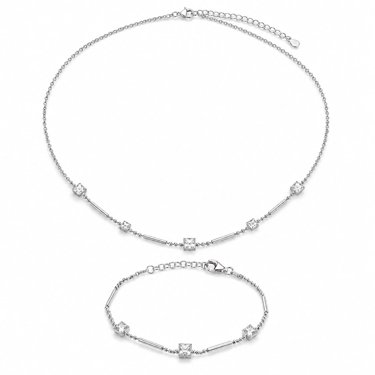 925 Sterling Silver Princess-Cut Zircon Station Chain Necklace and Bracelet Set