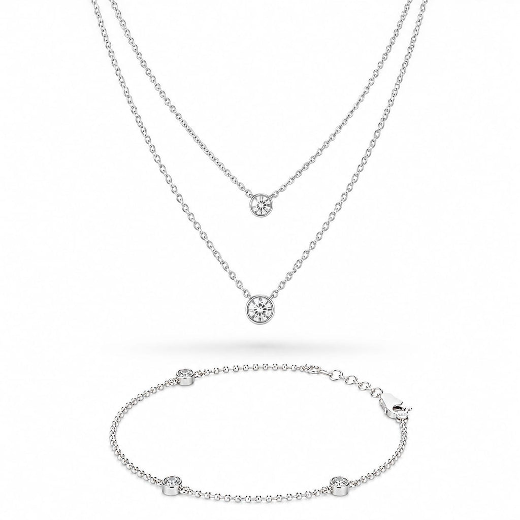 925 Sterling Silver Layered Bezel-Set Zircon Necklace and Bracelet Set