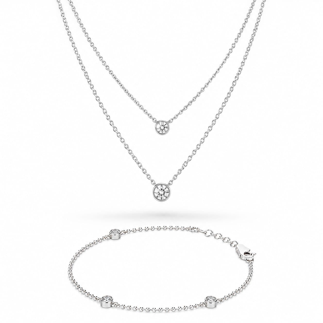 925 Sterling Silver Layered Bezel-Set Zircon Necklace and Bracelet Set