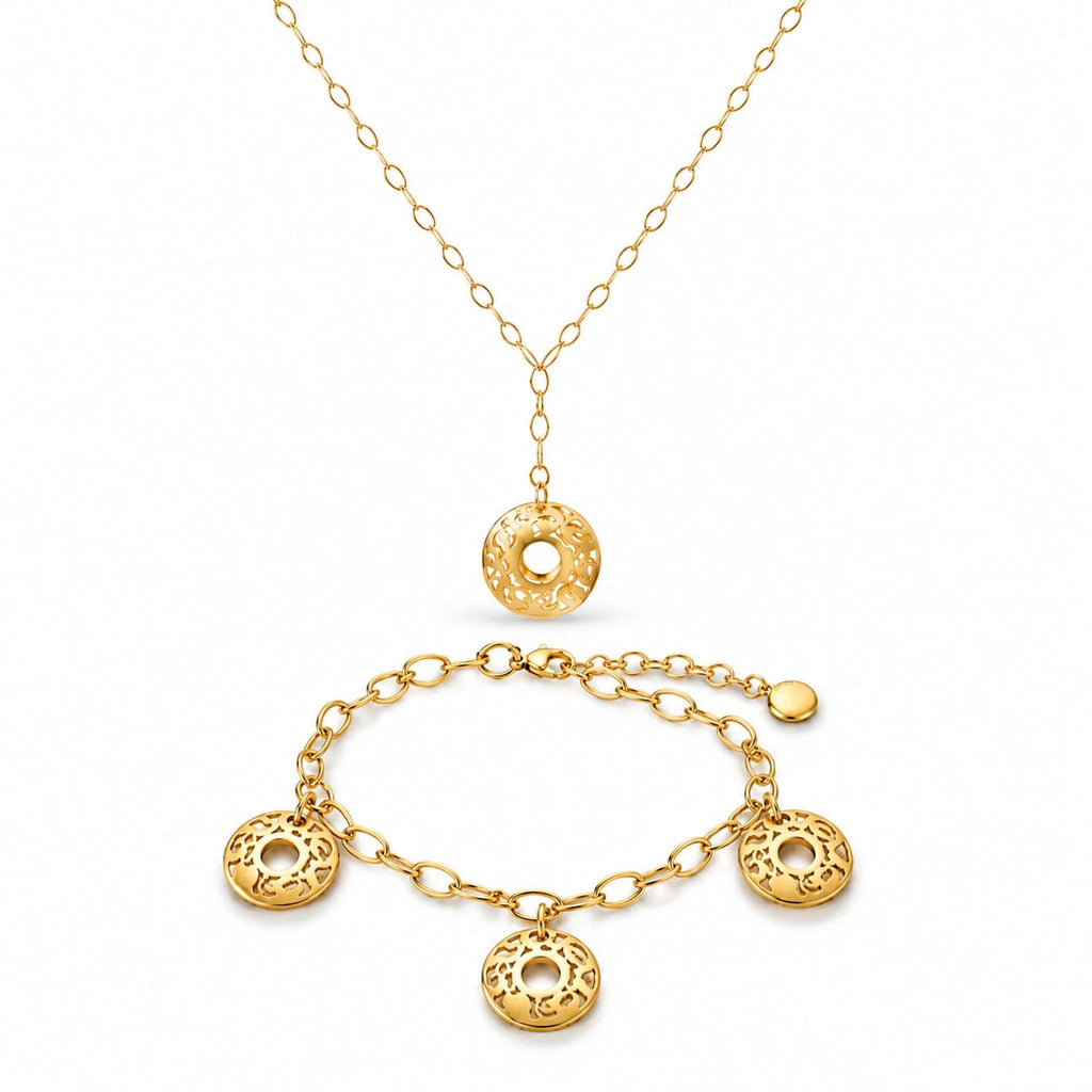 925 Sterling Silver Gold Plated Openwork Circle Charm Necklace and Bracelet  Set