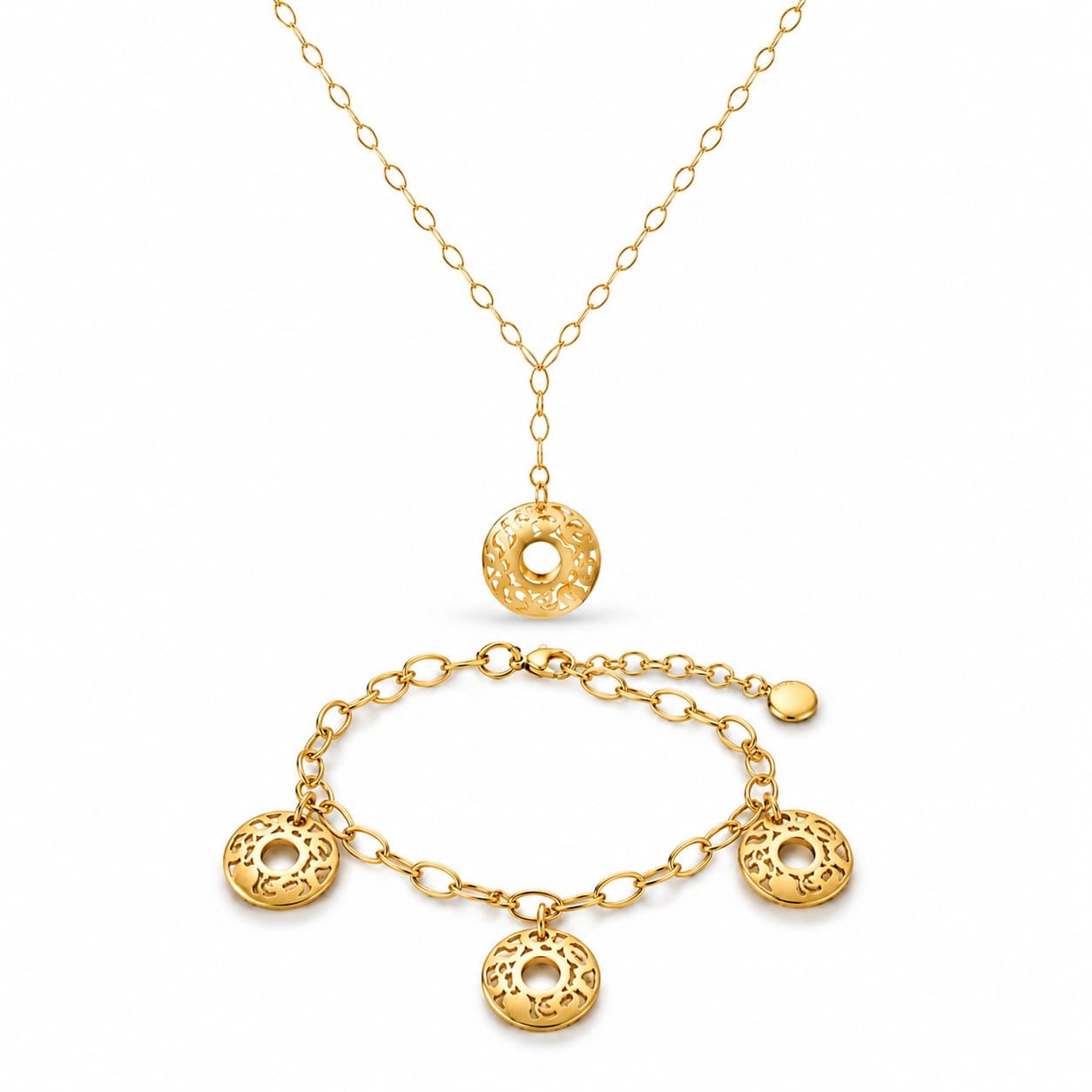 925 Sterling Silver Gold Plated Openwork Circle Charm Necklace and Bracelet  Set