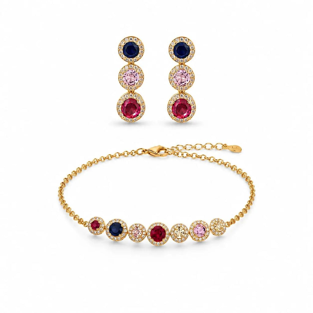 925 Sterling Silver Multi-Color Gemstone Halo Chain Bracelet and Earrings Set