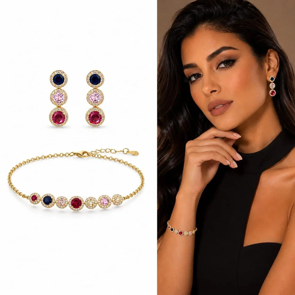 925 Sterling Silver Multi-Color Gemstone Halo Chain Bracelet and Earrings Set