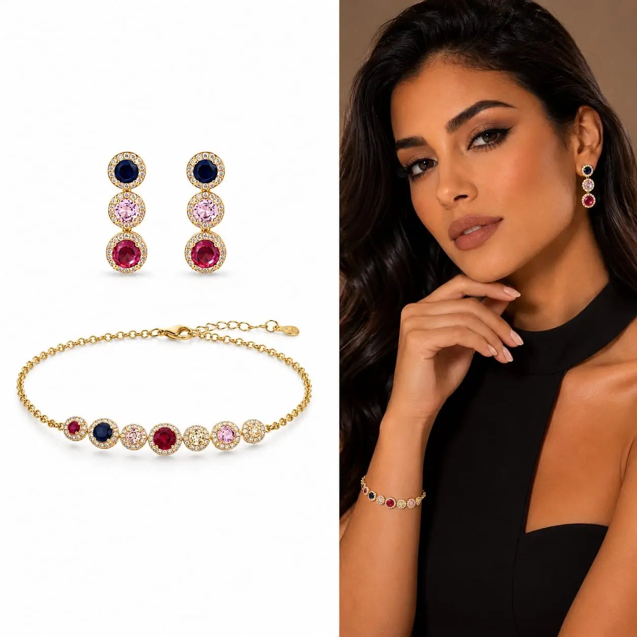 925 Sterling Silver Multi-Color Gemstone Halo Chain Bracelet and Earrings Set