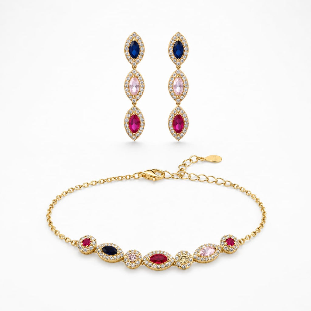 925 Sterling Silver Gold Plated Multi-Gemstone Halo Station Chain Bracelet and Earrings Set