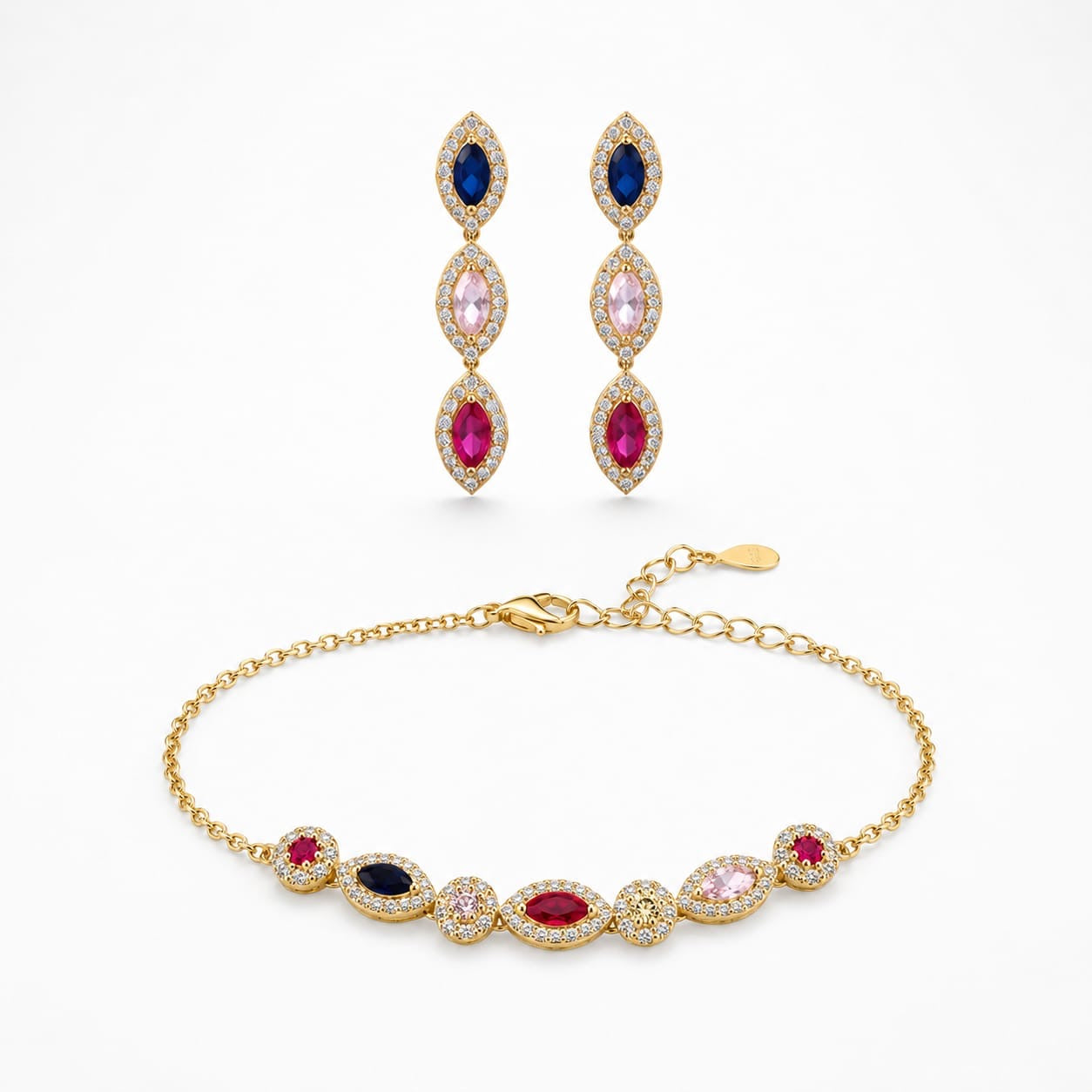 925 Sterling Silver Gold Plated Multi-Gemstone Halo Station Chain Bracelet and Earrings Set