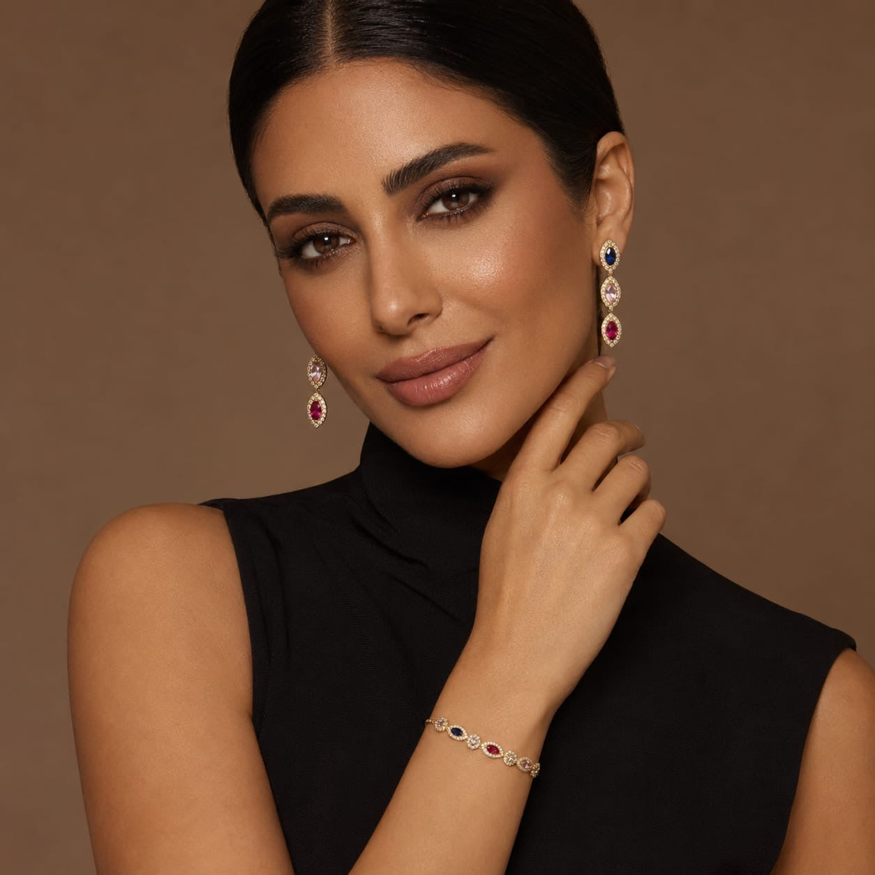 925 Sterling Silver Gold Plated Multi-Gemstone Halo Station Chain Bracelet and Earrings Set