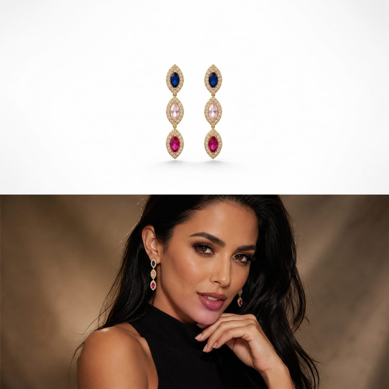 925 Sterling Silver Gold Plated Multi-Gemstone Halo Station Chain Bracelet and Earrings Set