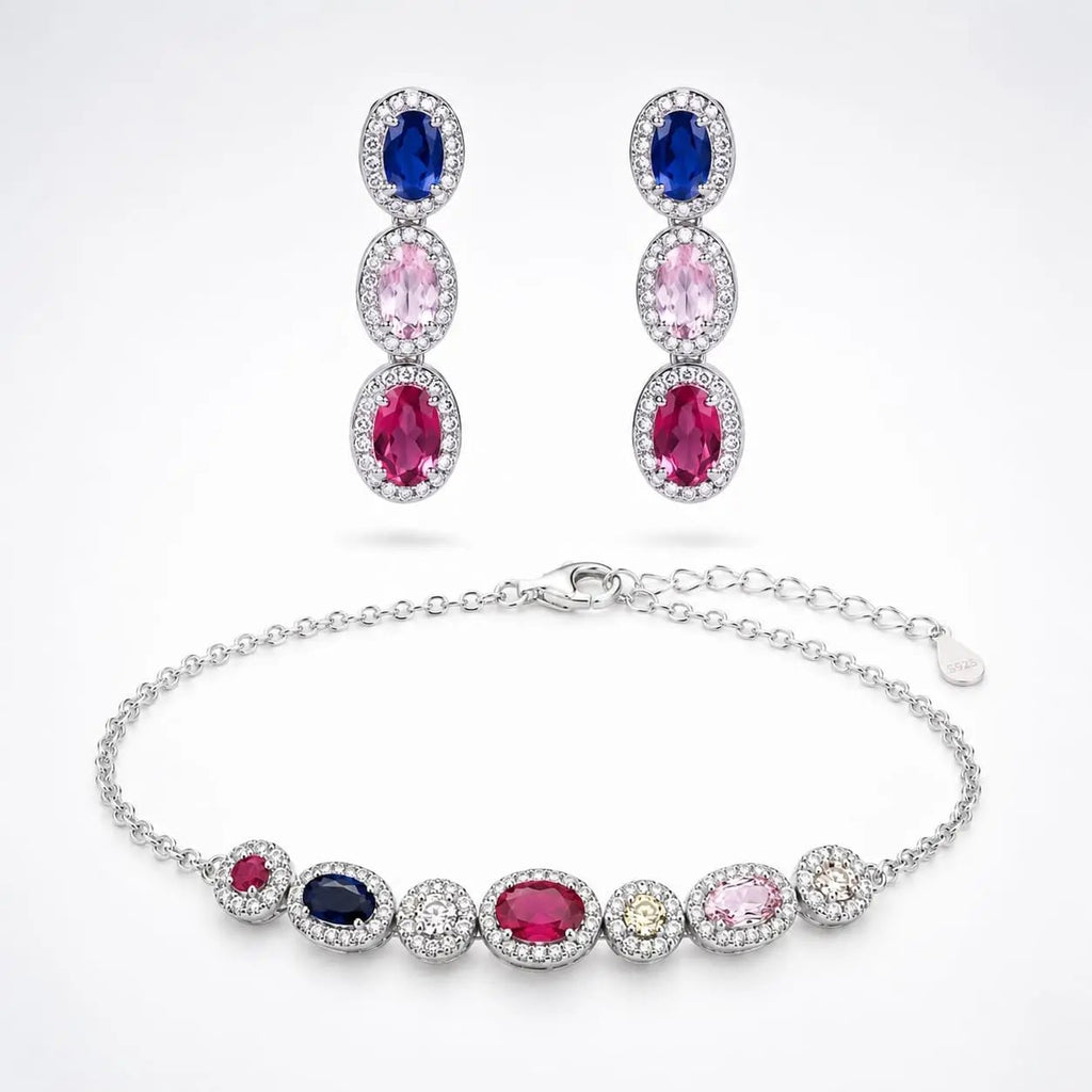 925 Sterling Silver Red Gemstone Multi-Stone Halo Station Bracelet and Earrings Set