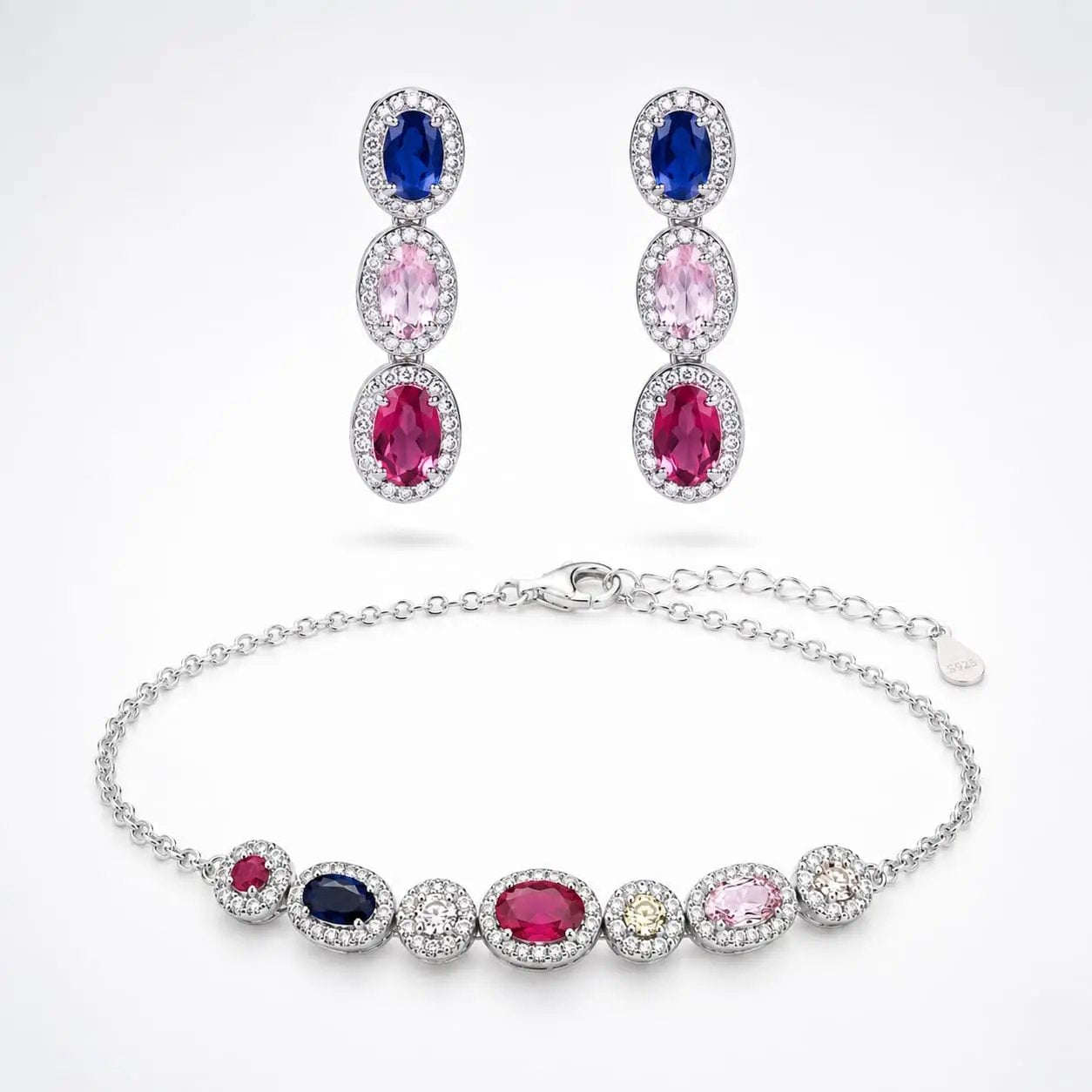 925 Sterling Silver Red Gemstone Multi-Stone Halo Station Bracelet and Earrings Set