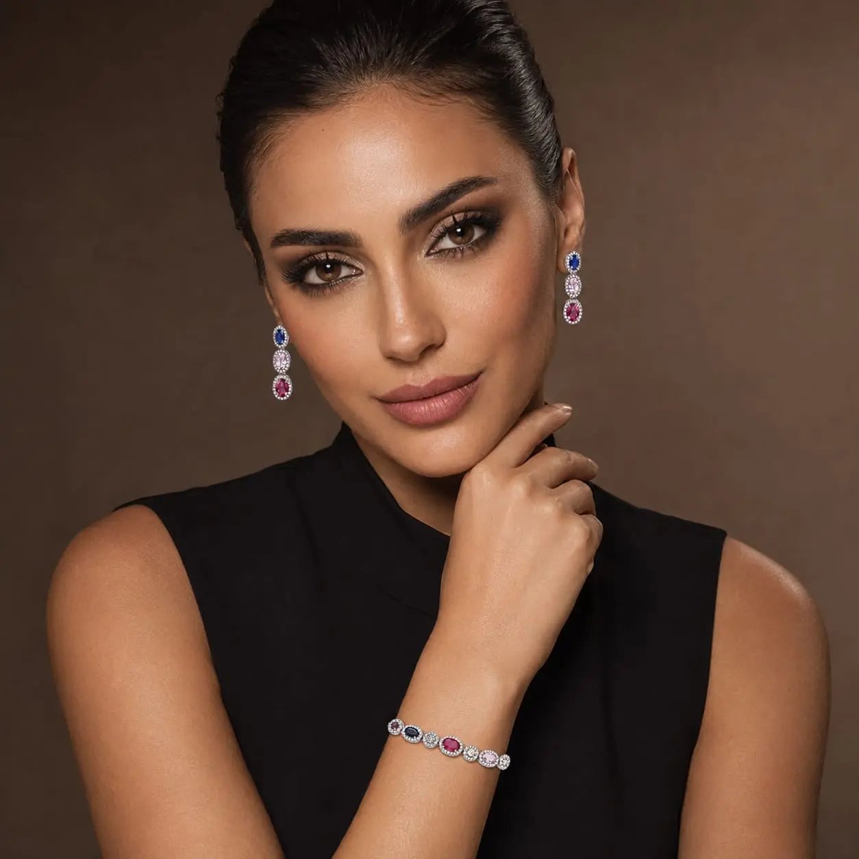 925 Sterling Silver Red Gemstone Multi-Stone Halo Station Bracelet and Earrings Set