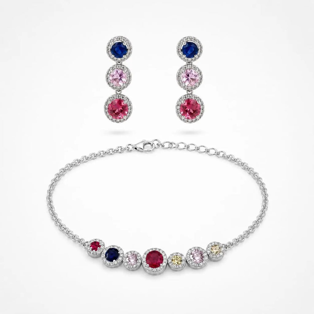 925 Sterling Silver Multi-Color Gemstones Halo Chain Bracelet and Earrings Set